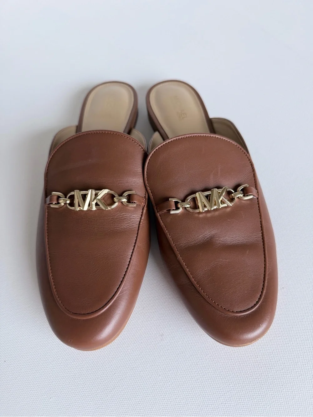 Michael Kors Leather Loafer Mule Brown Gold MK Chain Slides Size 9